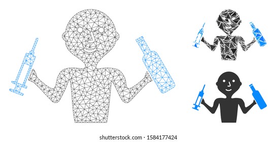 Mesh addict man model with triangle mosaic icon. Wire carcass triangular mesh of addict man. Vector collage of triangle parts in variable sizes, and color shades. Abstract flat mesh addict man,