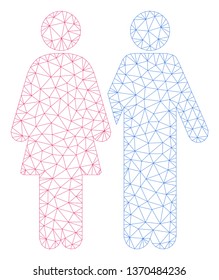 Mesh adult pair polygonal icon illustration. Abstract mesh lines and dots form triangular adult pair. Wire frame 2D polygonal line network in vector format isolated on a white background.