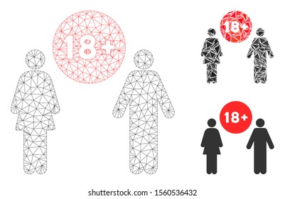 Mesh for adults model with triangle mosaic icon. Wire frame triangular network of for adults. Vector mosaic of triangle elements in variable sizes, and color tones. Abstract 2d mesh for adults,