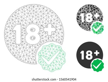 Mesh adults only model with triangle mosaic icon. Wire frame polygonal mesh of adults only. Vector mosaic of triangles in various sizes, and color tinges. 
