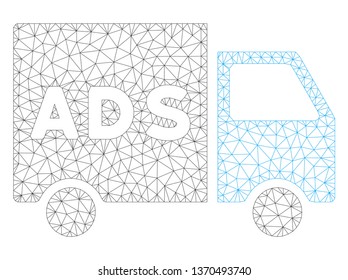 Mesh advertisement van polygonal 2d illustration. Abstract mesh lines and dots form triangular advertisement van. Wire frame 2D polygonal line network in vector format isolated on a white background.