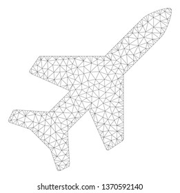 Mesh aeroplane polygonal 2d illustration. Abstract mesh lines and dots form triangular aeroplane. Wire frame 2D polygonal line network in vector format isolated on a white background.