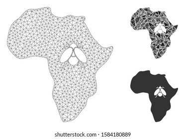 Mesh African trypanosomiasis model with triangle mosaic icon. Wire carcass polygonal mesh of African trypanosomiasis. Vector mosaic of triangle parts in variable sizes, and color tinges.
