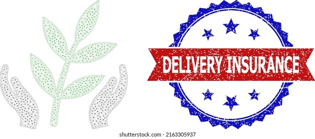 Mesh agriculture care hands wireframe illustration, and bicolor textured Delivery Insurance seal stamp. Mesh wireframe illustration is based on agriculture care hands icon.