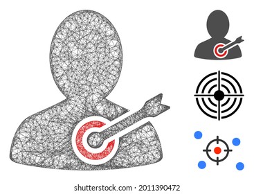 Mesh aim person web 2d vector illustration. Carcass model is based on aim person flat icon. Network forms abstract aim person flat carcass. wireframe flat web network isolated on a white background.