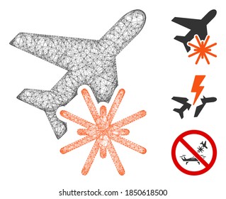 Mesh aiplane explosion polygonal web icon vector illustration. Abstraction is based on aiplane explosion flat icon. Triangle network forms abstract aiplane explosion flat model.