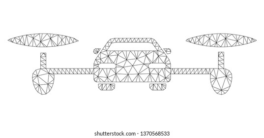 Mesh air car polygonal 2d illustration. Abstract mesh lines and dots form triangular air car. Wire frame 2D polygonal line network in vector format isolated on a white background.