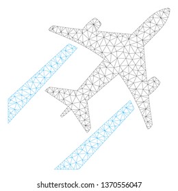 Mesh air jet trace polygonal 2d illustration. Abstract mesh lines and dots form triangular air jet trace. Wire frame 2D polygonal line network in vector format isolated on a white background.