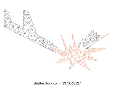 Mesh aircraft bomb explosion polygonal icon illustration. Abstract mesh lines and dots form triangular aircraft bomb explosion.