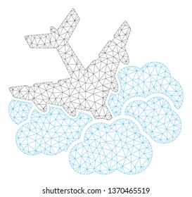 Mesh aircraft falls into clouds polygonal 2d illustration. Abstract mesh lines and dots form triangular aircraft falls into clouds.
