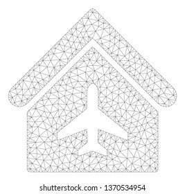 Mesh aircraft hangar polygonal 2d illustration. Abstract mesh lines and dots form triangular aircraft hangar. Wire frame 2D polygonal line network in vector format isolated on a white background.