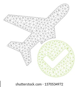 Mesh aircraft OK polygonal icon illustration. Abstract mesh lines and dots form triangular aircraft OK. Wire frame 2D polygonal line network in vector format isolated on a white background.