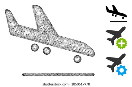 Mesh airplane arrival polygonal web icon vector illustration. Abstraction is based on airplane arrival flat icon. Triangle mesh forms abstract airplane arrival flat model.