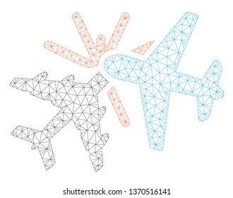 Mesh airplane collision polygonal 2d illustration. Abstract mesh lines and dots form triangular airplane collision.