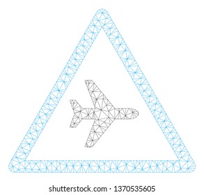 Mesh airplane danger polygonal 2d illustration. Abstract mesh lines and dots form triangular airplane danger. Wire frame 2D polygonal line network in vector format isolated on a white background.