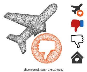 Mesh airplane fail web 2d ilustración vectorial. El modelo se basa en el icono plano de error del avión. El modelo plano de falla de los aviones abstractos de las formas de malla. Red web de marco de cable 2D aislada en un fondo blanco.