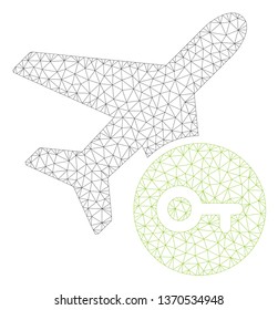 Mesh airplane key polygonal 2d illustration. Abstract mesh lines and dots form triangular airplane key. Wire frame 2D polygonal line network in vector format isolated on a white background.