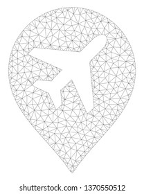 Mesh airplane marker polygonal 2d illustration. Abstract mesh lines and dots form triangular airplane marker. Wire frame 2D polygonal line network in vector format isolated on a white background.