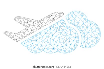 Mesh airplane over clouds polygonal 2d illustration. Abstract mesh lines and dots form triangular airplane over clouds.