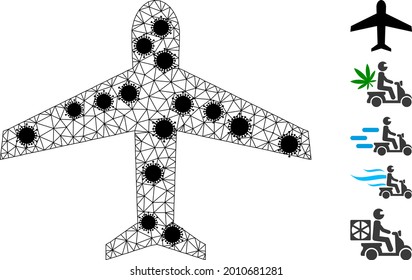 Mesh airplane polygonal icon vector illustration, with black Covid nodes. Carcass model is based on airplane flat icon, with covid nodes and polygonal mesh.