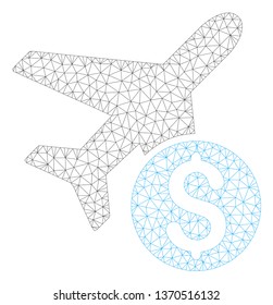 Mesh airplane price polygonal icon illustration. Abstract mesh lines and dots form triangular airplane price. Wire frame 2D polygonal line network in vector format isolated on a white background.