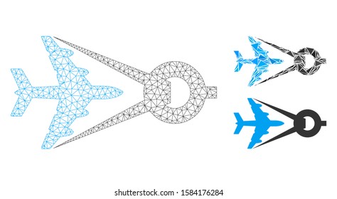 Mesh airplane project model with triangle mosaic icon. Wire frame triangular mesh of airplane project. Vector mosaic of triangle parts in various sizes, and color tints.