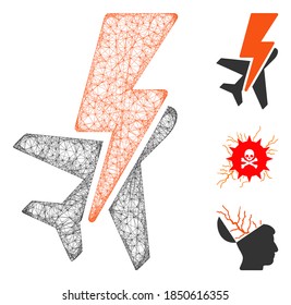 Mesh airplane shock polygonal web icon vector illustration. Carcass model is based on airplane shock flat icon. Triangular mesh forms abstract airplane shock flat carcass.