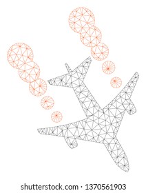 Mesh airplane smoke trace polygonal 2d illustration. Abstract mesh lines and dots form triangular airplane smoke trace.