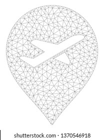 Mesh airport marker polygonal icon illustration. Abstract mesh lines and dots form triangular airport marker. Wire frame 2D polygonal line network in vector format isolated on a white background.