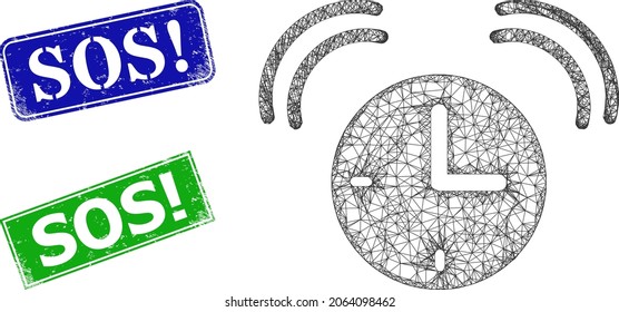 Mesh alarm clock image, and Sos warn blue and green rectangle dirty badges. Polygonal wireframe image is based on alarm clock icon. Seals contain Sos warn caption inside rectangle form.