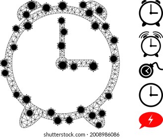 Mesh alarm clock polygonal icon vector illustration, with black virus centers. Model is based on alarm clock flat icon, with virus nodes and polygonal mesh.