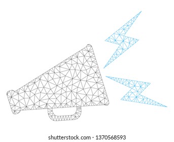 Mesh alert megaphone polygonal icon illustration. Abstract mesh lines and dots form triangular alert megaphone. Wire frame 2D polygonal line network in vector format isolated on a white background.