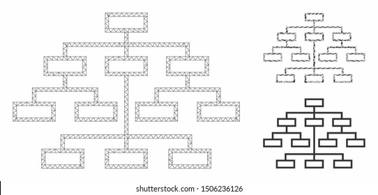 Mesh algorithm tree model with triangle mosaic icon. Wire frame polygonal mesh of algorithm tree. Vector mosaic of triangle elements in various sizes, and color hues.
