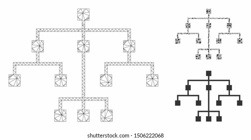 Mesh algorithmic tree model with triangle mosaic icon. Wire carcass triangular mesh of algorithmic tree. Vector mosaic of triangle parts in variable sizes, and color tinges.