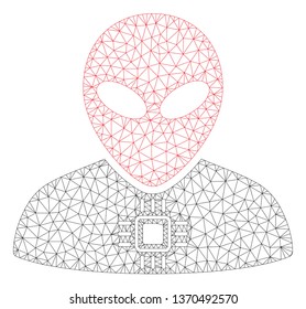 Mesh alien cyborg polygonal icon illustration. Abstract mesh lines and dots form triangular alien cyborg. Wire frame 2D polygonal line network in vector format isolated on a white background.