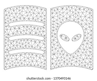 Mesh alien face book polygonal 2d illustration. Abstract mesh lines and dots form triangular alien face book. Wire frame 2D polygonal line network in vector format isolated on a white background.