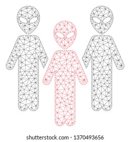 Mesh alien group polygonal 2d illustration. Abstract mesh lines and dots form triangular alien group. Wire frame 2D polygonal line network in vector format isolated on a white background.