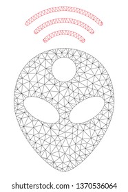Mesh alien head polygonal icon illustration. Abstract mesh lines and dots form triangular alien head. Wire frame 2D polygonal line network in vector format isolated on a white background.