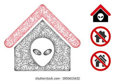 Mesh alien home polygonal web symbol vector illustration. Carcass model is based on alien home flat icon. Triangle network forms abstract alien home flat carcass.