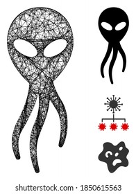 Mesh alien microbe polygonal web icon vector illustration. Carcass model is based on alien microbe flat icon. Triangular network forms abstract alien microbe flat carcass.
