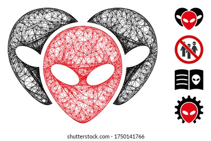 Mesh alien visitor heads web icon vector illustration. Carcass model is based on alien visitor heads flat icon. Net forms abstract alien visitor heads flat model.
