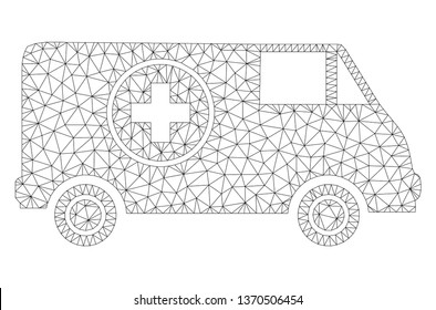 Mesh ambulance car polygonal 2d illustration. Abstract mesh lines and dots form triangular ambulance car. Wire frame 2D polygonal line network in vector format isolated on a white background.