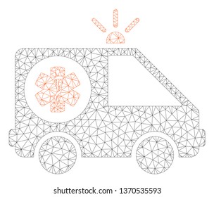 Mesh ambulance car polygonal icon illustration. Abstract mesh lines and dots form triangular ambulance car. Wire frame 2D polygonal line network in vector format isolated on a white background.
