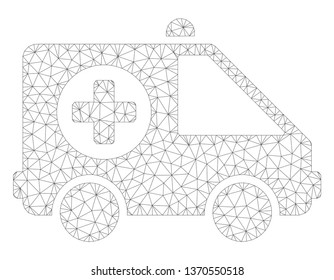 Mesh ambulance van polygonal icon illustration. Abstract mesh lines and dots form triangular ambulance van. Wire frame 2D polygonal line network in vector format isolated on a white background.