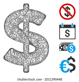 Mesh American Dollar web 2d vector illustration. Carcass model is based on American Dollar flat icon. Network forms abstract American Dollar flat model.