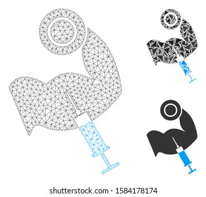 Mesh anabolic steroids model with triangle mosaic icon. Wire carcass polygonal mesh of anabolic steroids. Vector mosaic of triangle parts in various sizes, and color tones.