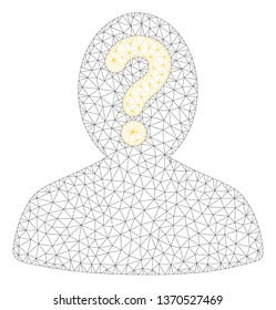 Mesh anonymous person polygonal icon illustration. Abstract mesh lines and dots form triangular anonymous person. Wire frame 2D polygonal line network in vector format isolated on a white background.