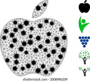 Mesh apple polygonal icon vector illustration, with black infection nodes. Carcass model is created from apple flat icon, with coronavirus centers and triangular mesh.
