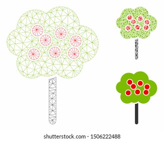Mesh apple tree model with triangle mosaic icon. Wire frame triangular network of apple tree. Vector mosaic of triangle parts in various sizes, and color hues. Abstract flat mesh apple tree,