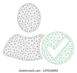 Mesh apply user polygonal icon illustration. Abstract mesh lines and dots form triangular apply user. Wire frame 2D polygonal line network in vector format isolated on a white background.